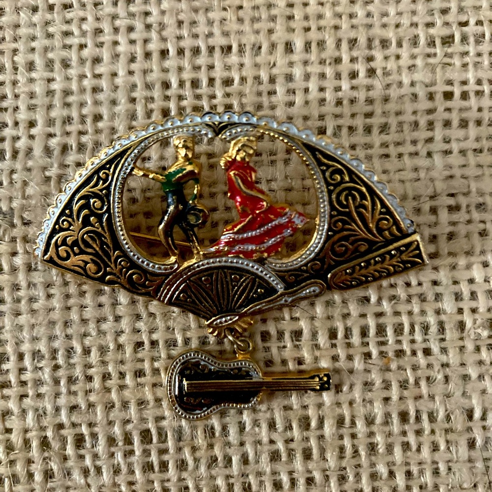Damascene Fan Brooch Vintage Flamenco